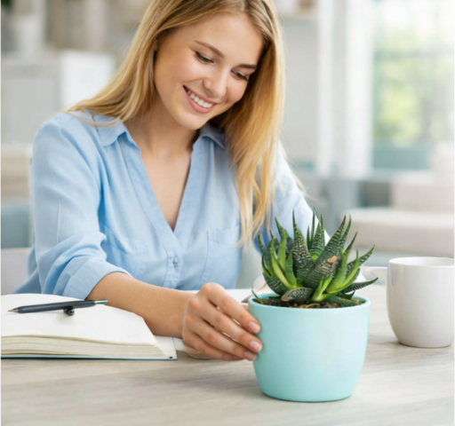 artificial succulent plant decor in blue ceramic pot